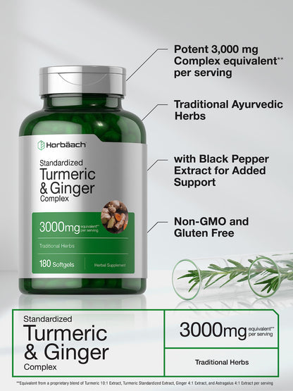 Horbäach Turmeric & Ginger 3000 mg Softgels (180) - Black Pepper - Non-GMO (Pack of 2)