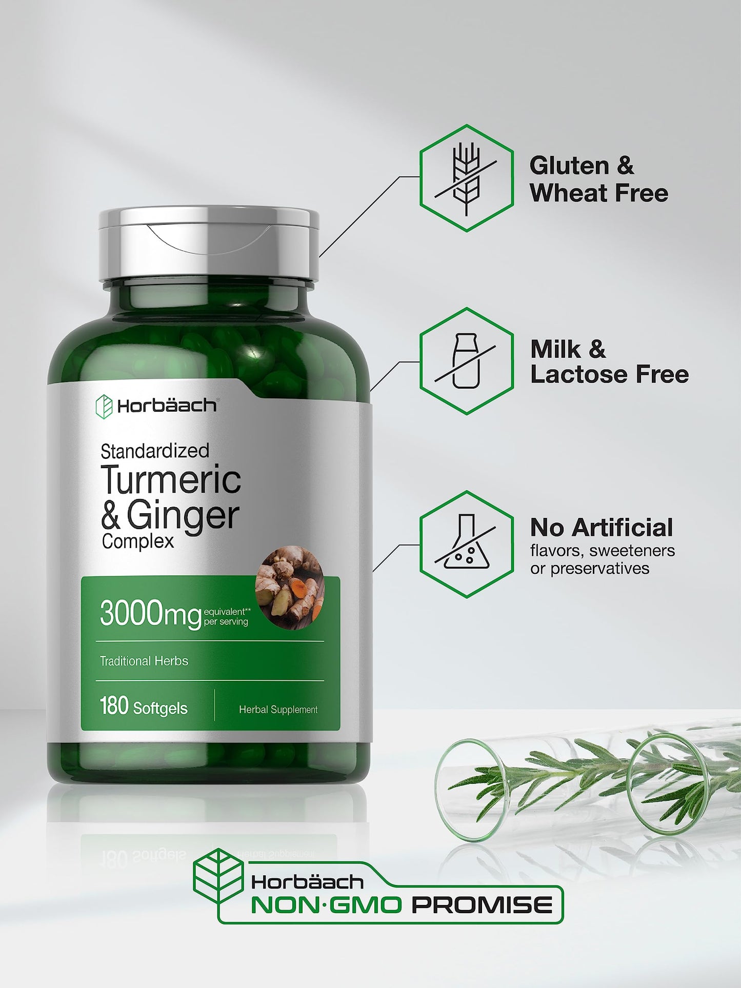 Horbäach Turmeric & Ginger 3000 mg Softgels (180) - Black Pepper - Non-GMO (Pack of 2)