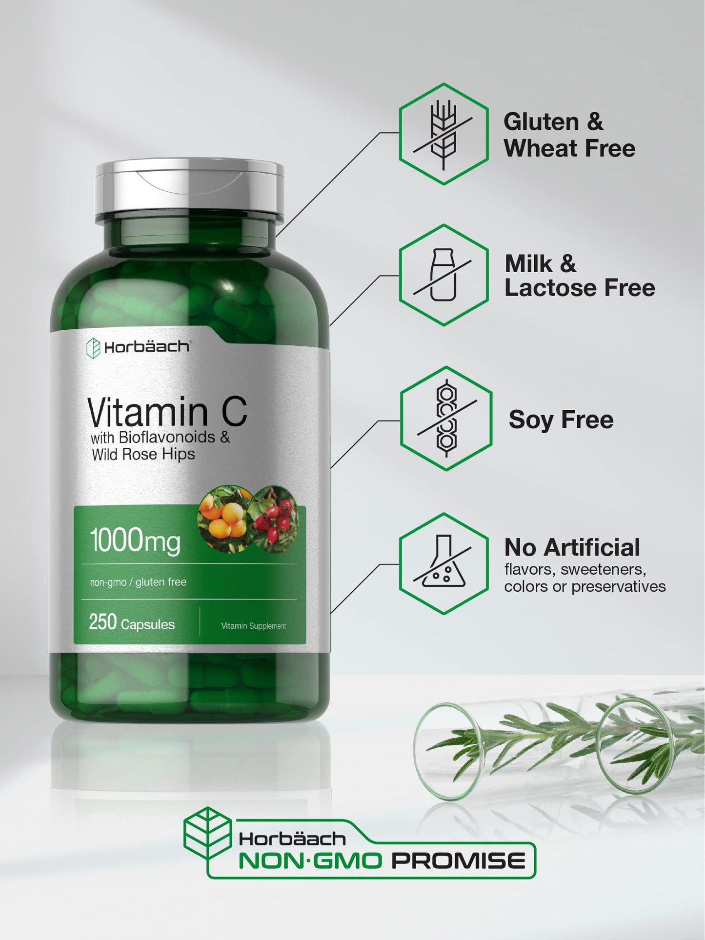 Horbäach Vitamin C 1000mg | 250 Capsules | Bioflavonoids & Rose Hips | Non-GMO Gluten Free