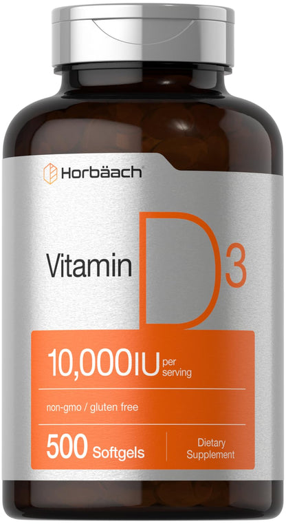 Horbäach Vitamin D3 10000 IU – 500 Softgels | Non-GMO, Gluten Free