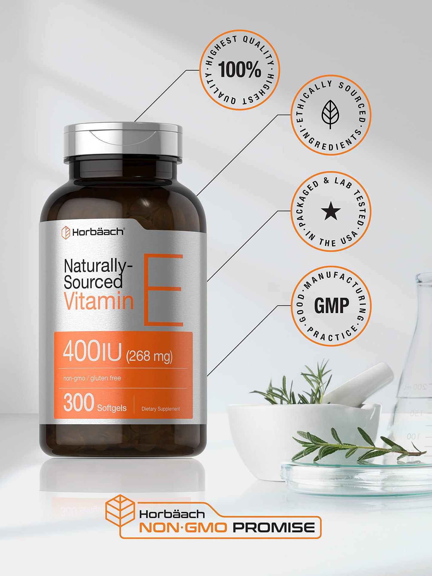 Horbäach Vitamin E Softgel Capsules | 400 IU (268 mg) | 300 Count | Non-GMO & Gluten Free | D-Alpha Tocopherol