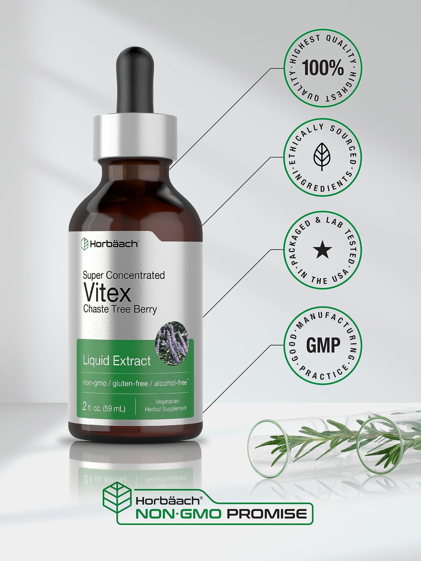 Horbäach Vitex Berry Chasteberry Extract Tincture | 2 fl oz | Alcohol-Free, Vegetarian, Non-GMO