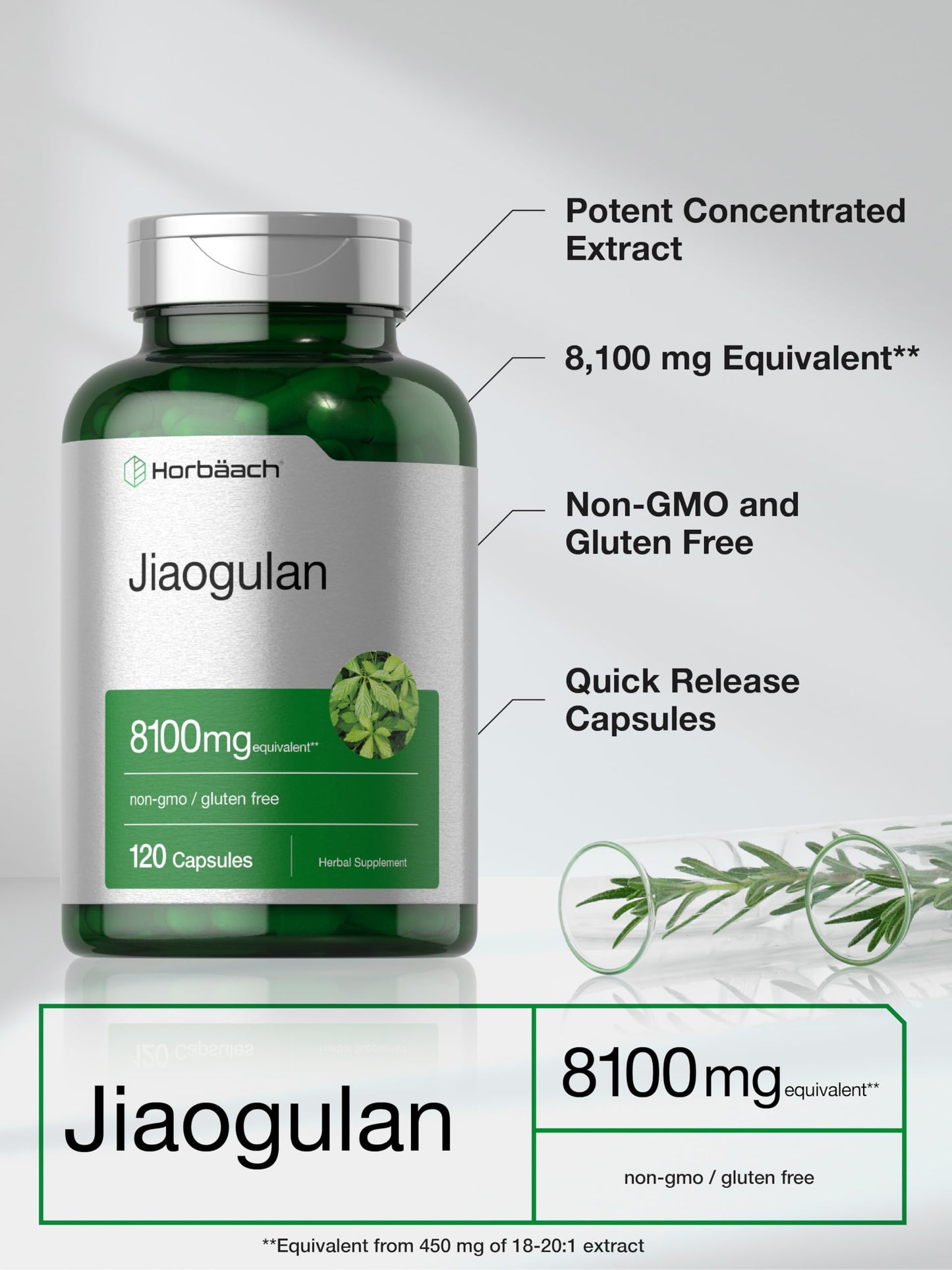 Horbäach Jiaogulan Capsules | 8100 mg per Serving | 120 Count | Gynostemma Pentaphyllum | Non-GMO, Gluten Free