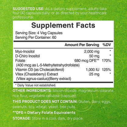 Myo-Inositol & D-Chiro Inositol for Women (40:1) – 2,050mg/serving | 240 Veggie Capsules | Non-GMO