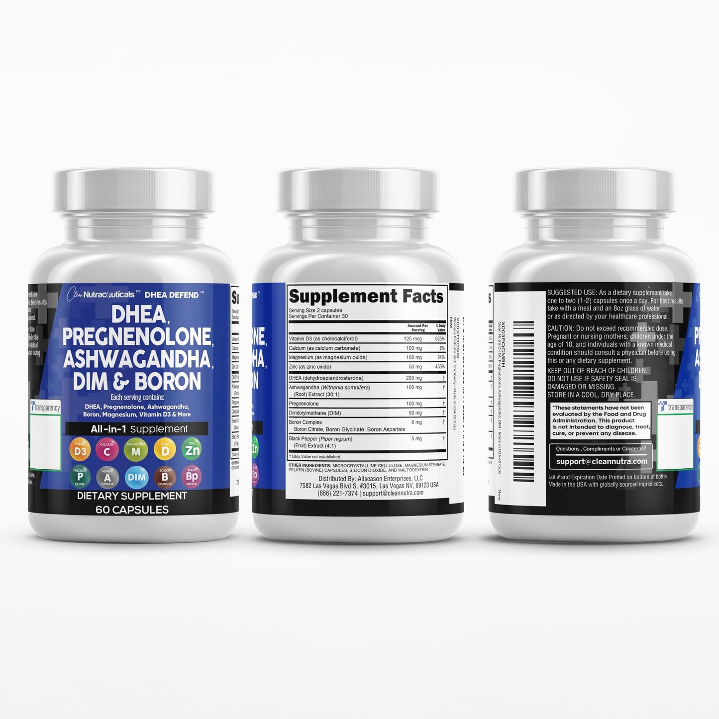 DHEA 200mg & Pregnenolone 100mg Supplement for Men & Women – DIM, Ashwagandha, Boron 6mg, Calcium Magnesium Zinc, Vitamin D3 5000 IU | Made in USA 60 Ct