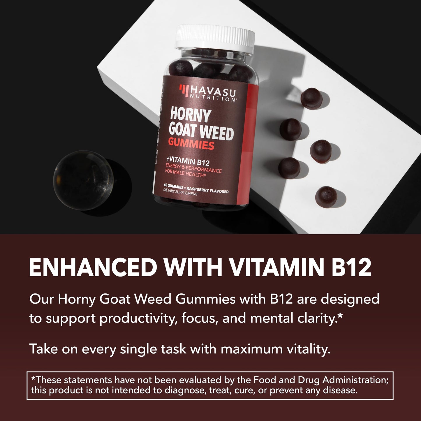 Horny Goat Weed Gummies with Vitamin B12 - Energy, Endurance & Performance Support for Male Health - 60 Count - Vegetarian-Friendly, Non-GMO, Pectin-Based - Raspberry Flavor, 1 Month Supply