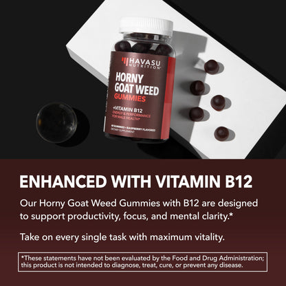 Horny Goat Weed Gummies with Vitamin B12 - Energy, Endurance & Performance Support for Male Health - 60 Count - Vegetarian-Friendly, Non-GMO, Pectin-Based - Raspberry Flavor, 1 Month Supply