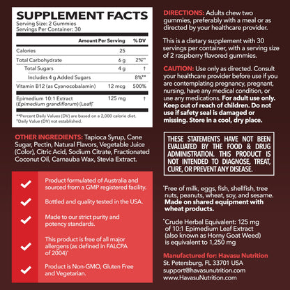 Horny Goat Weed Gummies with Vitamin B12 - Energy, Endurance & Performance Support for Male Health - 60 Count - Vegetarian-Friendly, Non-GMO, Pectin-Based - Raspberry Flavor, 1 Month Supply