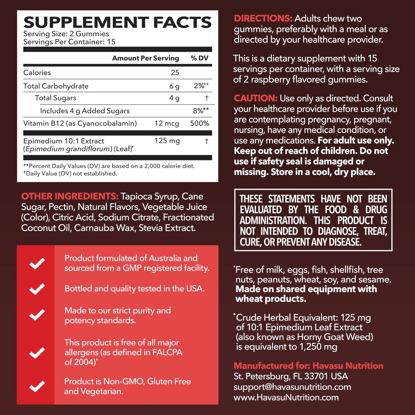 Horny Goat Weed Gummies with Vitamin B12 - Energy & Endurance Support for Men (30 Count) Raspberry