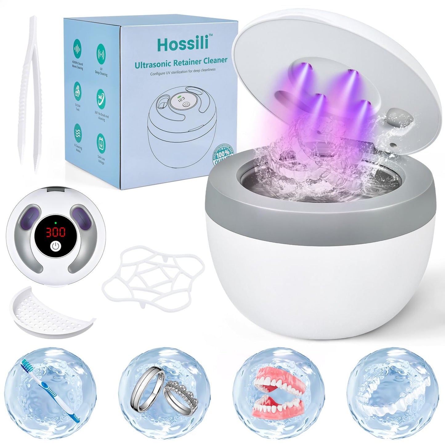 Hossili Ultrasonic Retainer Cleaner – 45kHz 200ml, 4 Wash Modes, 360° UV, Digital Timer (White)