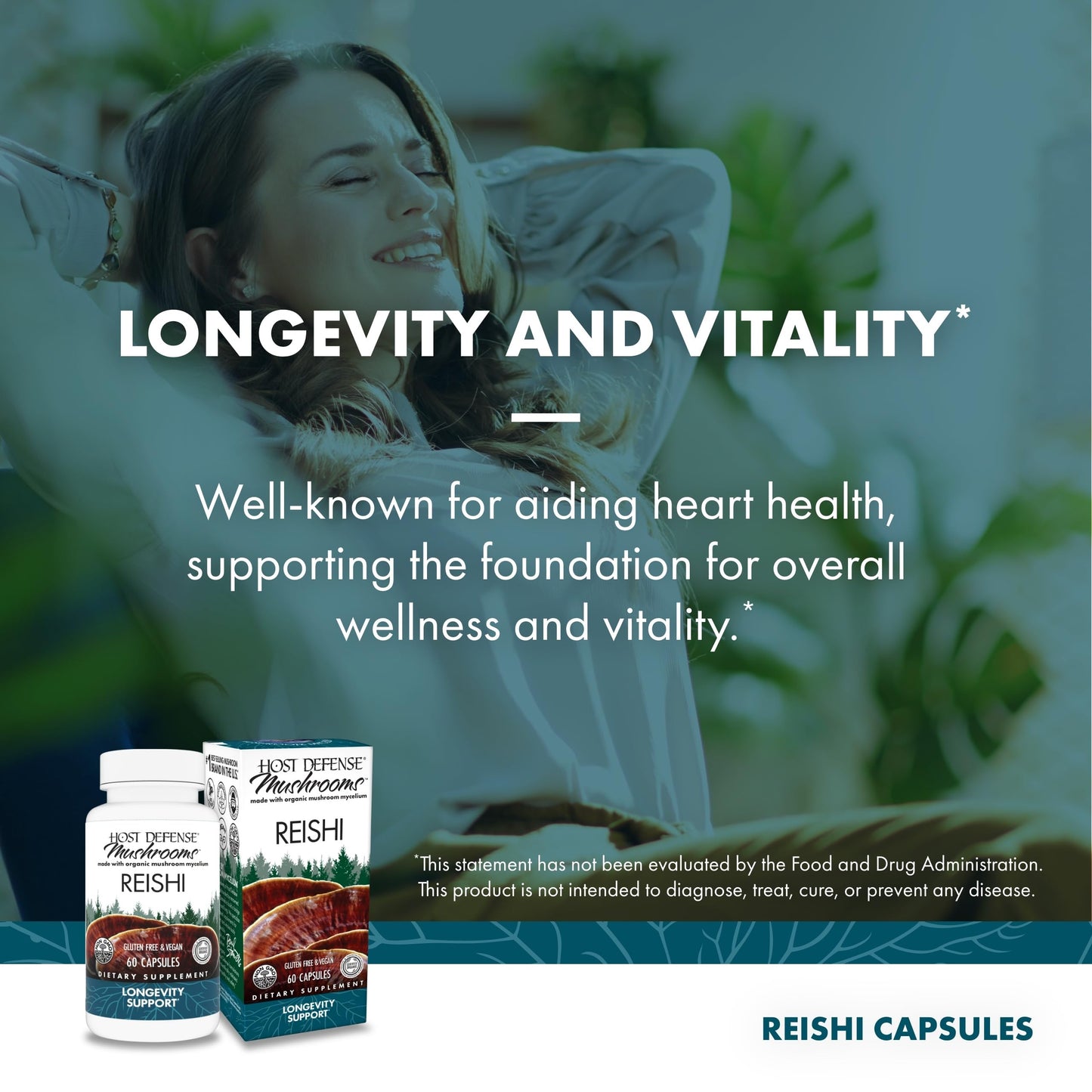 Host Defense Reishi Capsules – Immune & Heart Health Support, Energy & Vitality – 60 Capsules (30 Servings)