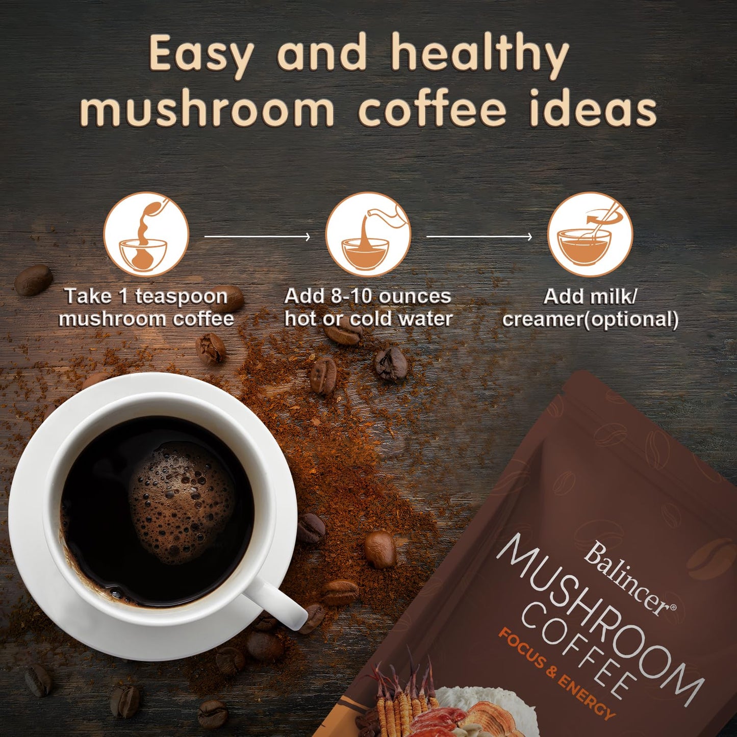 Mushroom Coffee with 6 Adaptogenic Mushrooms – Lion's Mane & Cordyceps