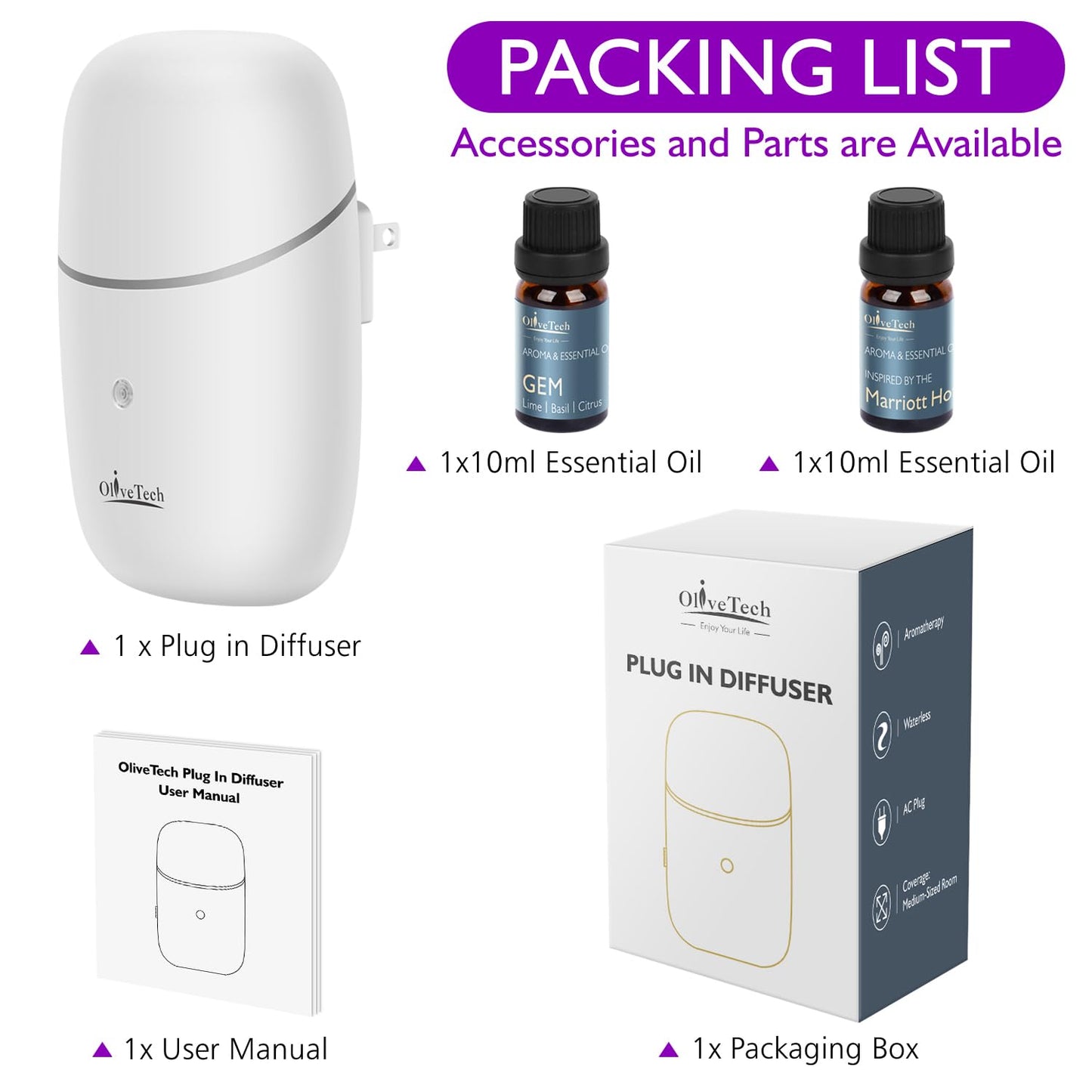 Plug in Waterless Diffuser - OliveTech Cold Air Diffusion, Hotel Collection (2x10ml Oils)