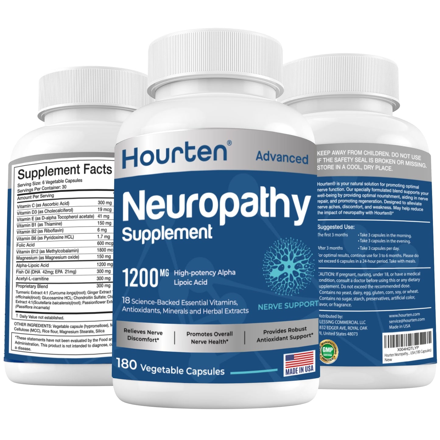 Hourten Neuropathy & Sciatica Support - 180 Capsules, 1200mg Alpha Lipoic Acid, 18-in-1 Formula