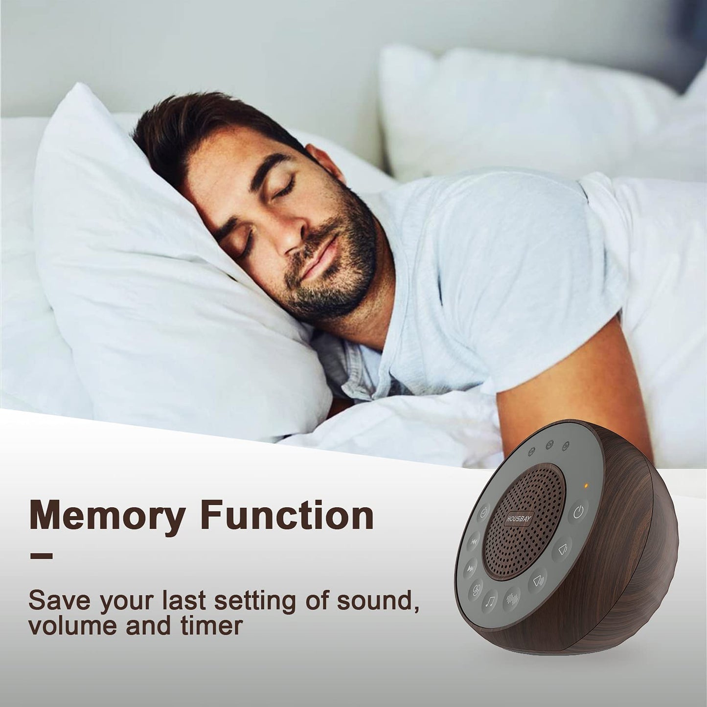 HOUSBAY White Noise Machine — 31 Sounds, 5W Speaker, Wood Grain