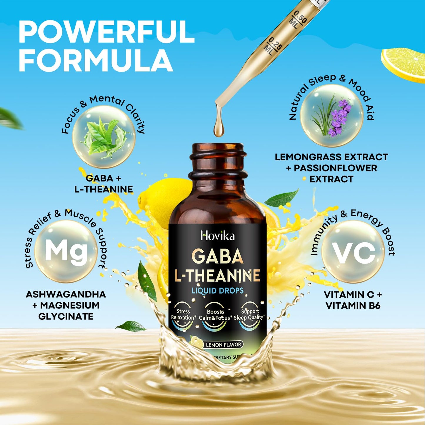 Hovika 2 Pack GABA L-Theanine Drops – Liquid GABA with L-Theanine, Magnesium Glycinate & Vitamin C | Lemon