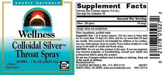 Source Naturals Wellness Colloidal Silver 30 PPM Liquid Spray Bottle - 1 fl oz