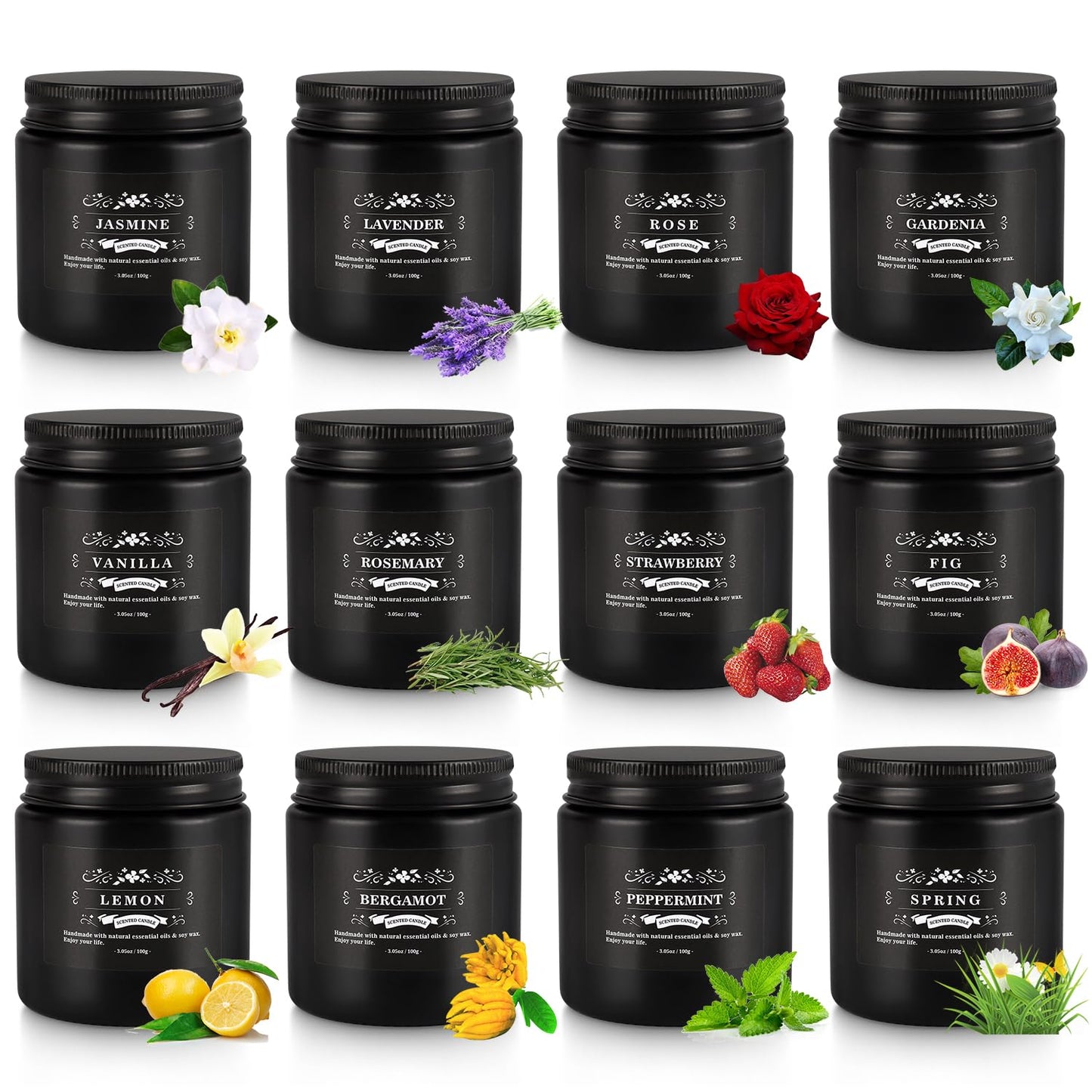 Howemon Scented Candle Set 12 Pack - Black Jar | Long-Lasting Soy Wax, Odor Elimination, Stress Relief Gift Set