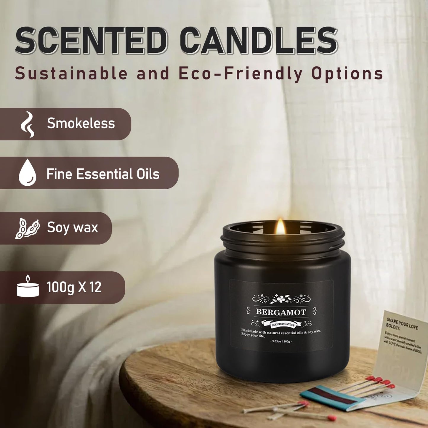 Howemon Scented Candle Set 12 Pack - Black Jar | Long-Lasting Soy Wax, Odor Elimination, Stress Relief Gift Set