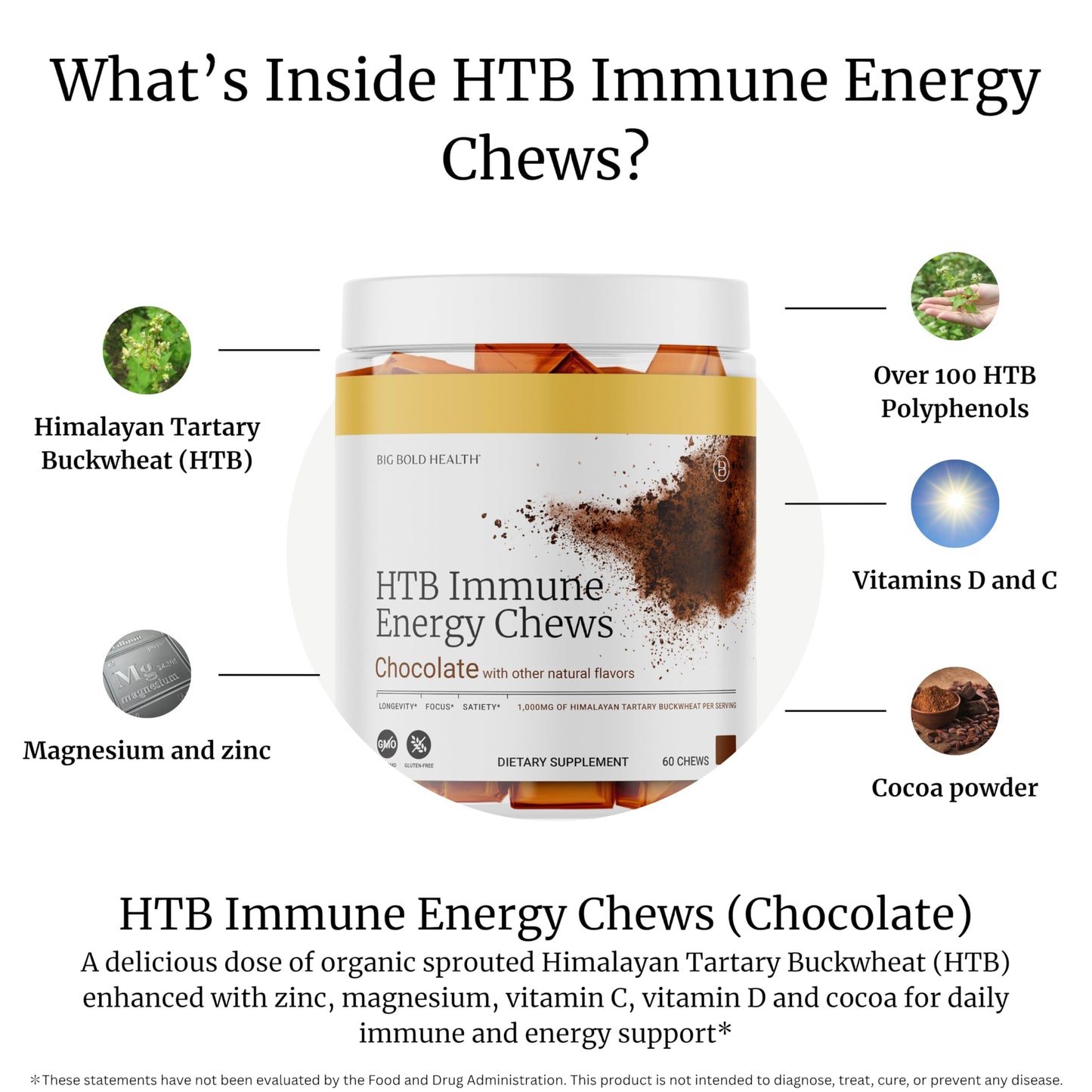BIG BOLD HEALTH HTB Immune Energy Chews – Organic Tartary Buckwheat, Chocolate Flavor, Zinc & Vitamins (60 Chews)