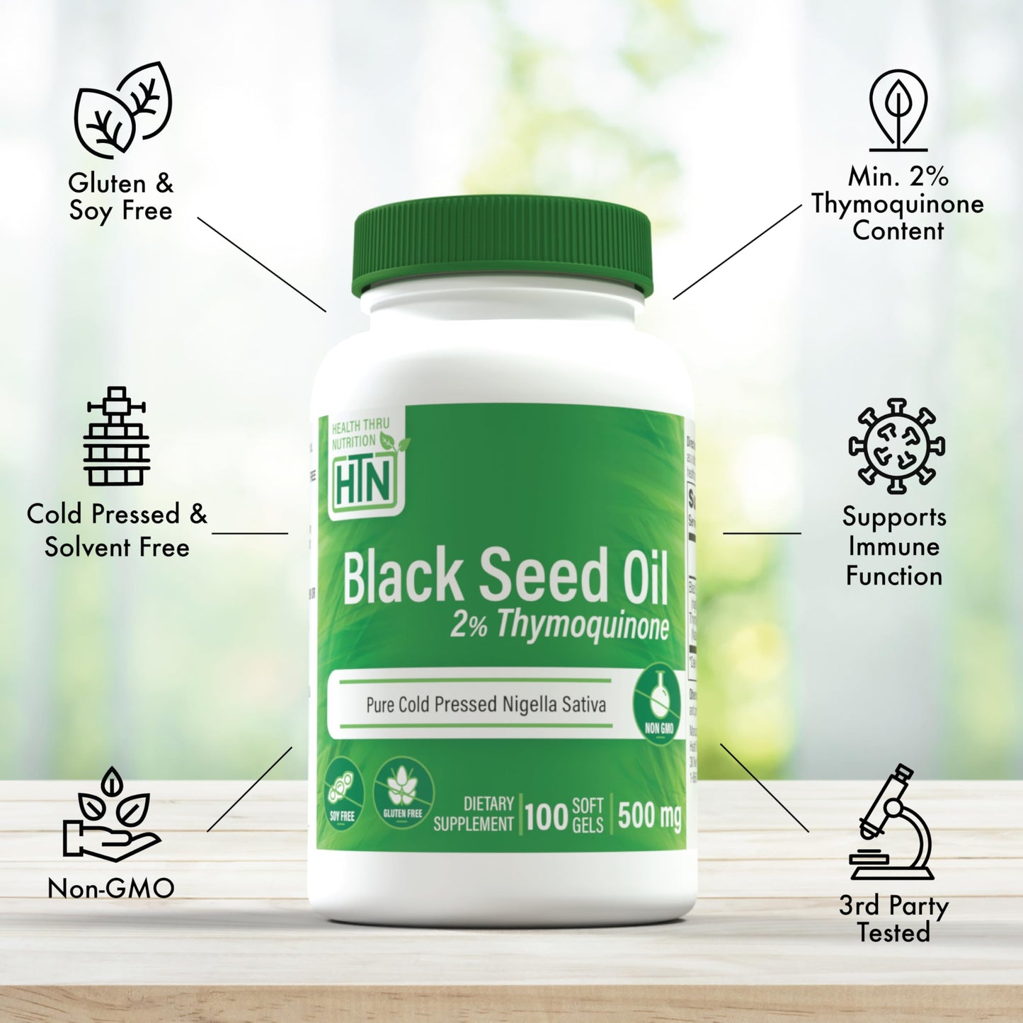 Health Thru Nutrition Black Seed Oil 500mg | 2% Thymoquinone | 100 Softgels | Organic, Non-GMO, Gluten & Soy Free
