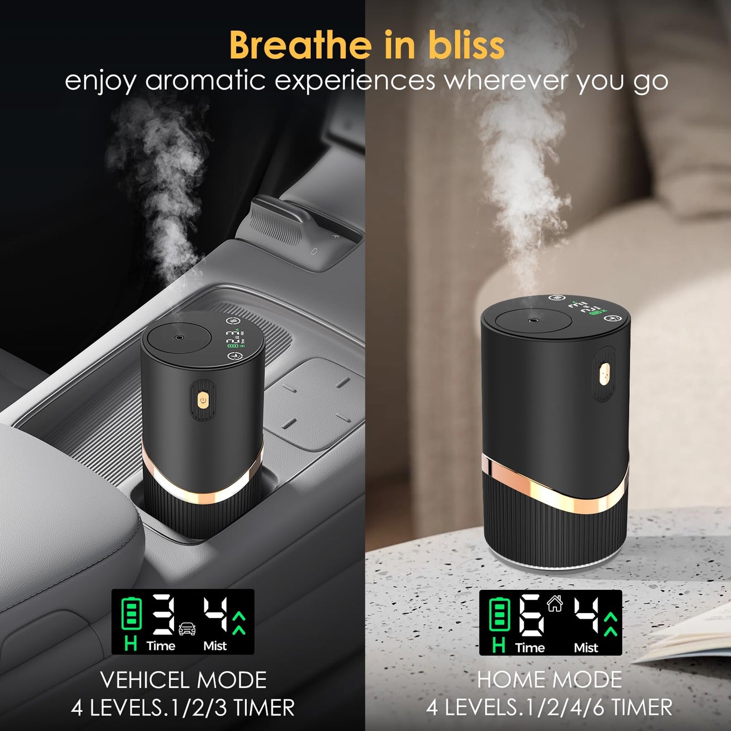 Huachuang Waterless Nebulizing Diffuser – Portable Car & Home Aromatherapy (Black) | 72h Battery, 4 Mist Levels