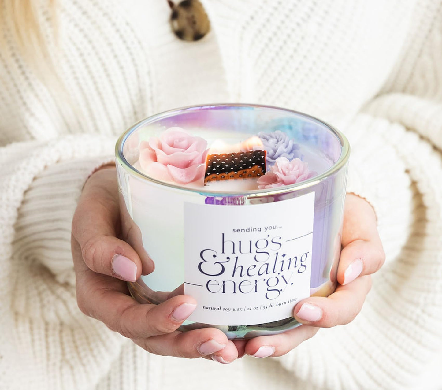 Hugs and Healing Energy Sympathy Candle – 12oz Soy Wax, Wooden Wick, Iridescent Glass Jar Memorial Gift