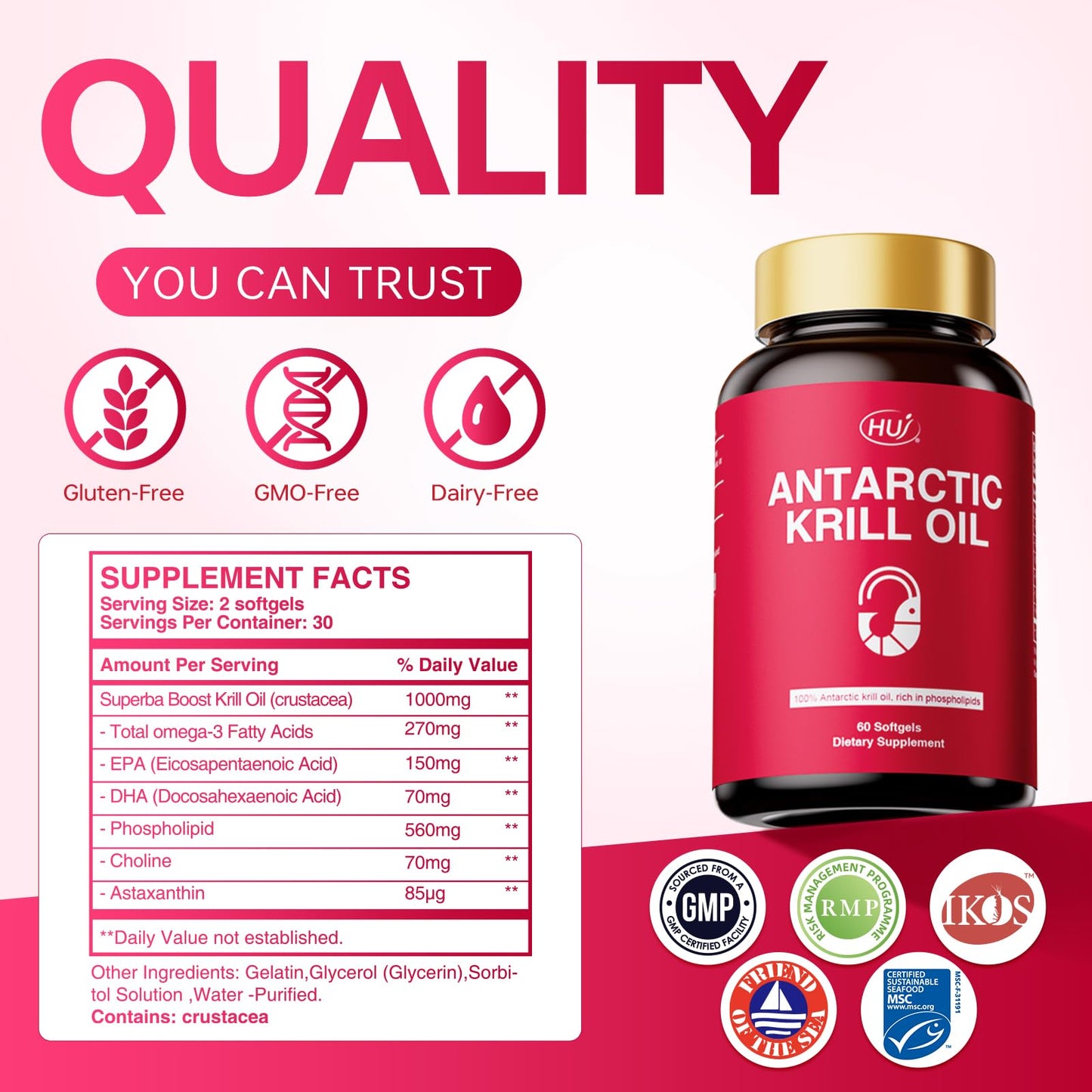 HUJ Antarctic Krill Oil 1000mg with Omega-3s EPA, DHA – 60 Softgels – Sustainably Sourced