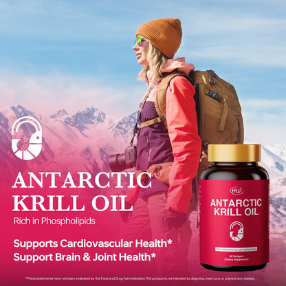 HUJ Antarctic Krill Oil 1000mg with Omega-3s EPA, DHA – 60 Softgels – Sustainably Sourced