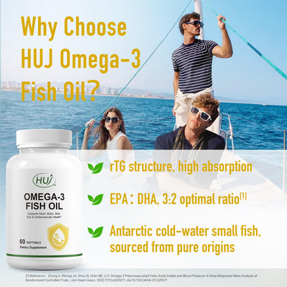 HUJ Omega 3 Fish Oil 1000mg Softgels – EPA+DPA, Heart, Brain, Skin, Eyes & Cardiovascular Support | 60 Softgels