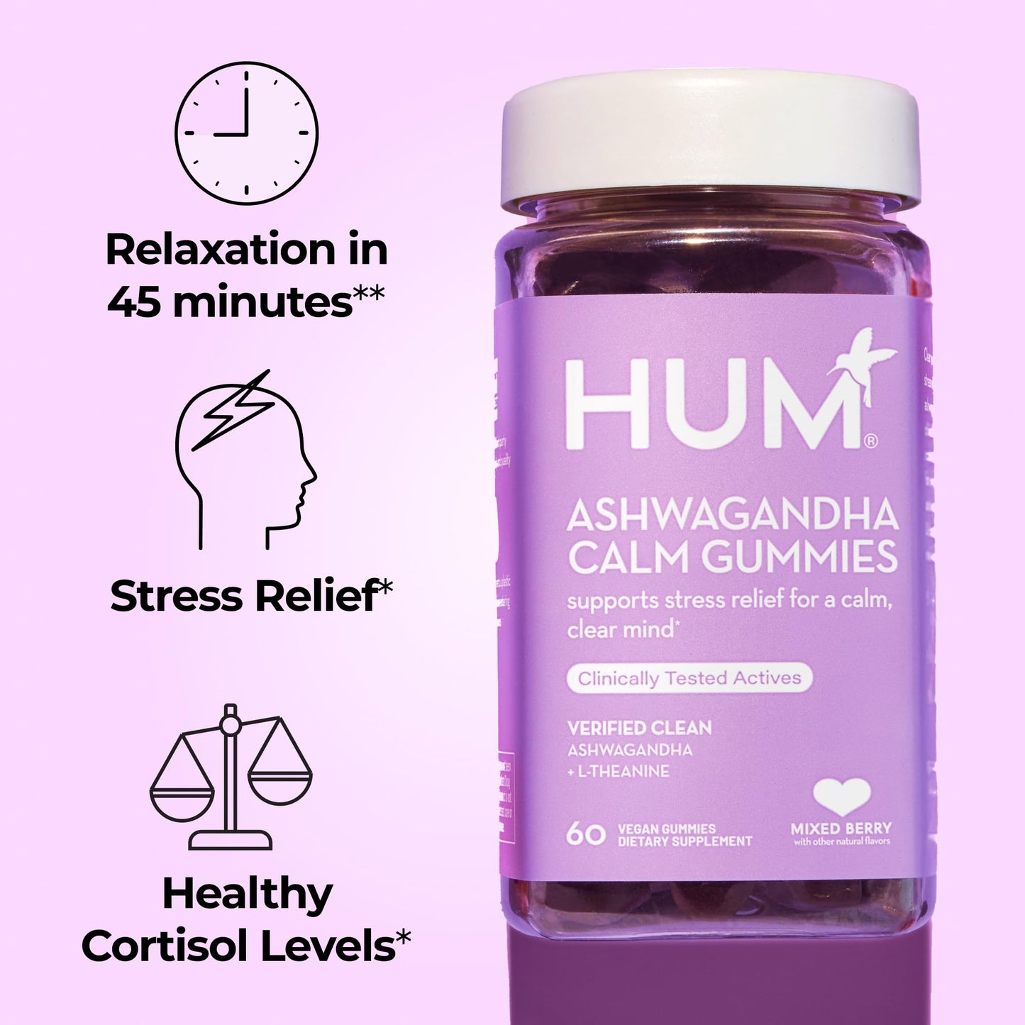 HUM Calm Ashwagandha Gummies with L-Theanine – Relaxation & Clarity (60 Gummies)