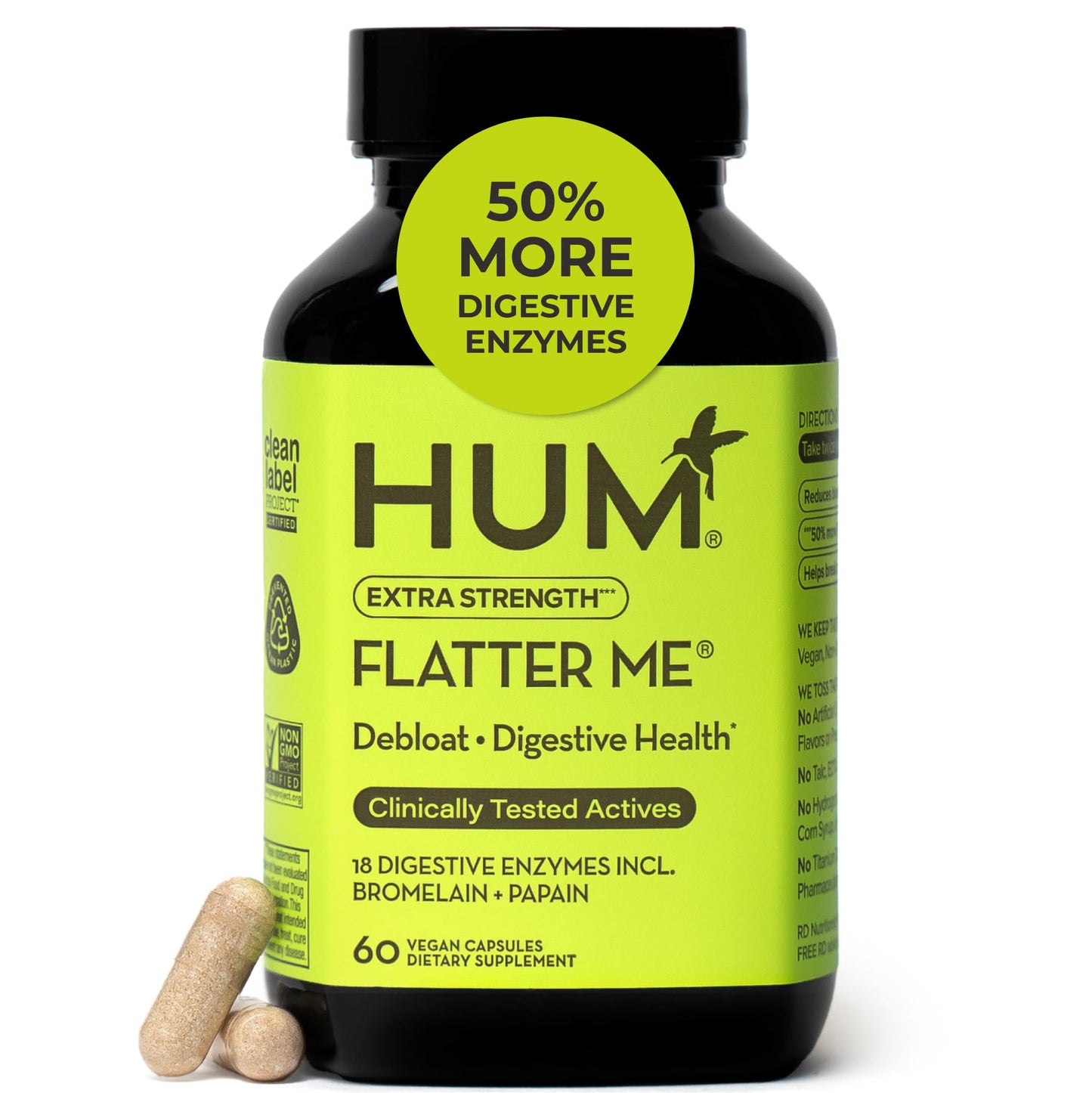 HUM Flatter Me Extra Strength Digestive Enzymes – Fast Acting Debloat, Ginger & Peppermint, 60 Capsules
