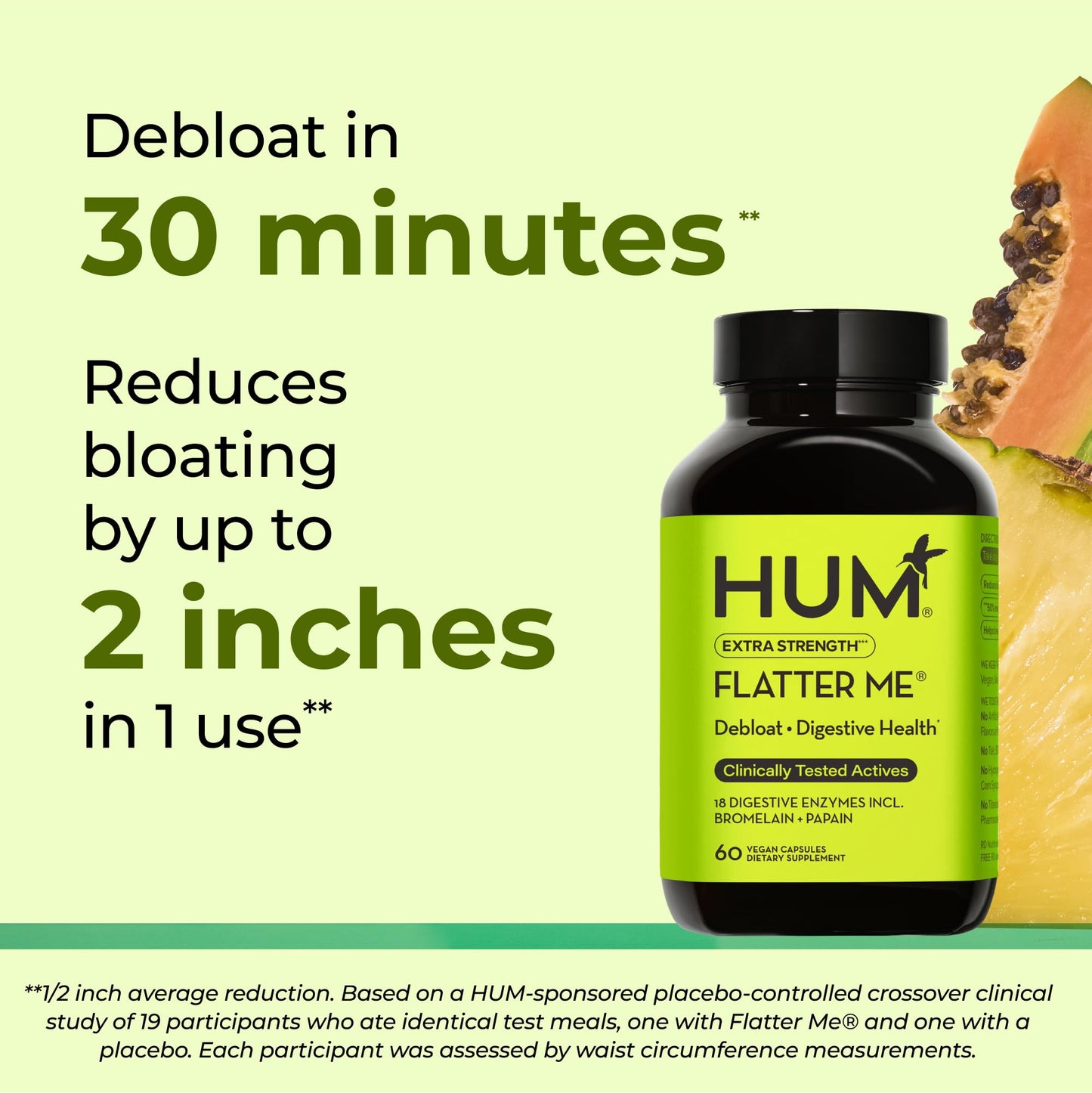 HUM Flatter Me Extra Strength Digestive Enzymes – Fast Acting Debloat, Ginger & Peppermint, 60 Capsules