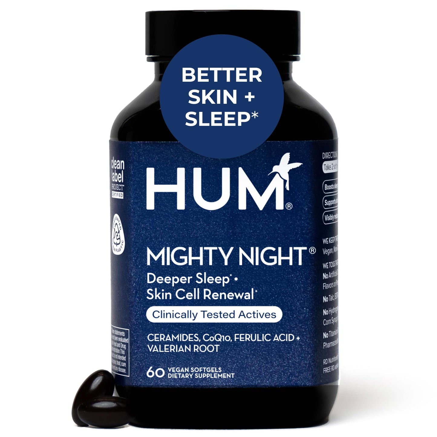 Hum Mighty Night: Nighttime Sleep Supplement for Skin | CoQ10, Valerian & Ferulic Acid | 60 Vegan Softgels