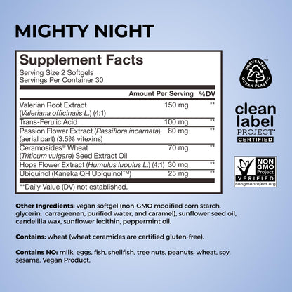 Hum Mighty Night: Nighttime Sleep Supplement for Skin | CoQ10, Valerian & Ferulic Acid | 60 Vegan Softgels