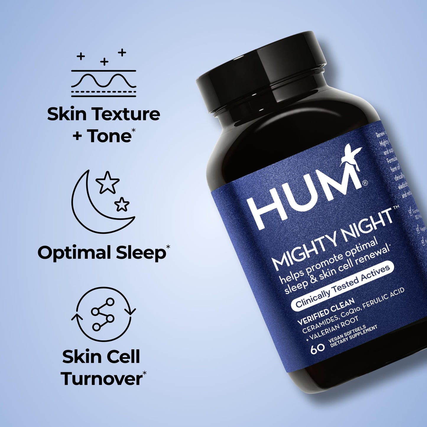 Hum Mighty Night: Nighttime Sleep Supplement for Skin | CoQ10, Valerian & Ferulic Acid | 60 Vegan Softgels