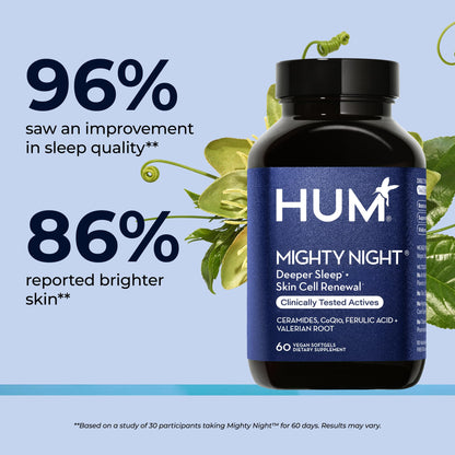 Hum Mighty Night: Nighttime Sleep Supplement for Skin | CoQ10, Valerian & Ferulic Acid | 60 Vegan Softgels