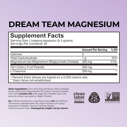 Hum Nutrition Dream Team Magnesium Bisglycinate Powder – Sleep Support, L-Theanine & Tart Cherry (Gluten Free, Vegan)