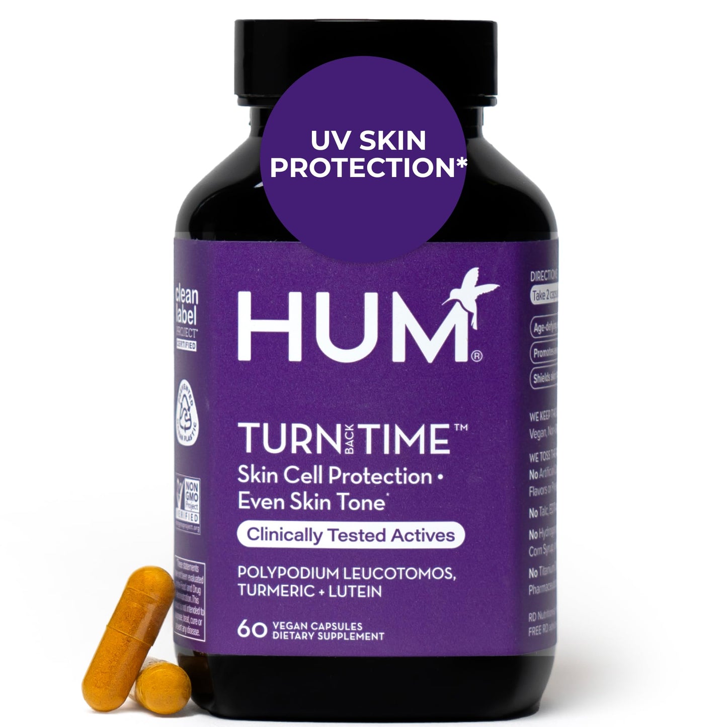 HUM Turn Back Time Turmeric Supplement for Youthful Skin | Green Tea Extract, Lutein & Polyphenols | 60 Vegan Capsules