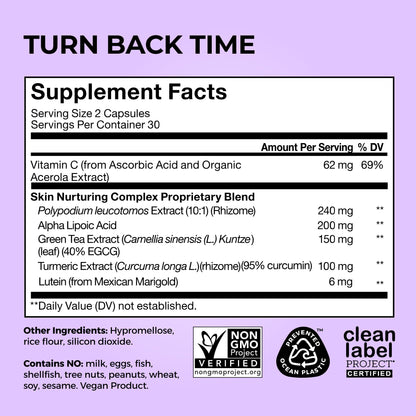 HUM Turn Back Time Turmeric Supplement for Youthful Skin | Green Tea Extract, Lutein & Polyphenols | 60 Vegan Capsules