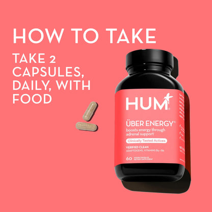 HUM Uber Energy Adrenal Support Supplement with Ashwagandha, Ginseng – 60 Vegan Capsules