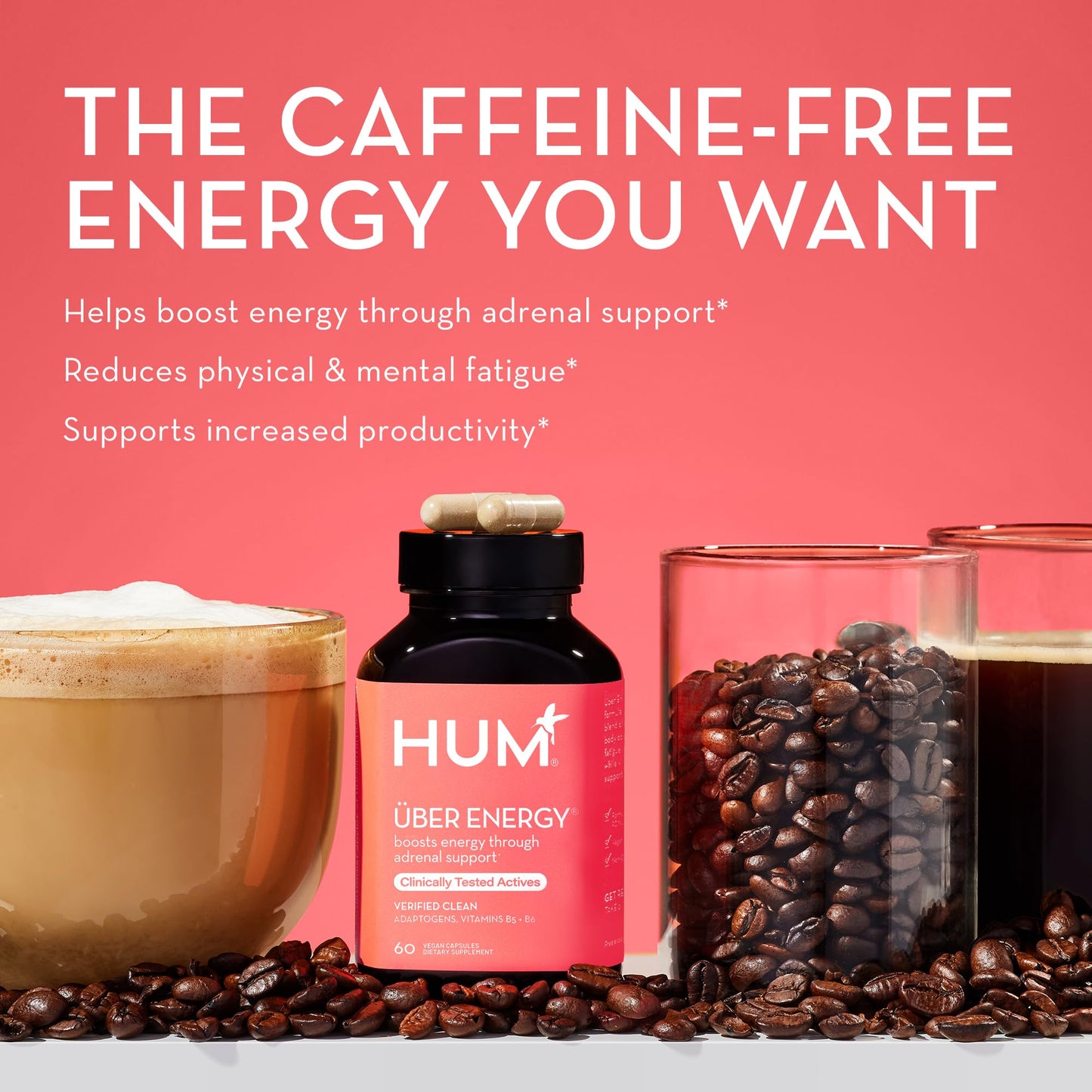 HUM Uber Energy Adrenal Support Supplement with Ashwagandha, Ginseng – 60 Vegan Capsules