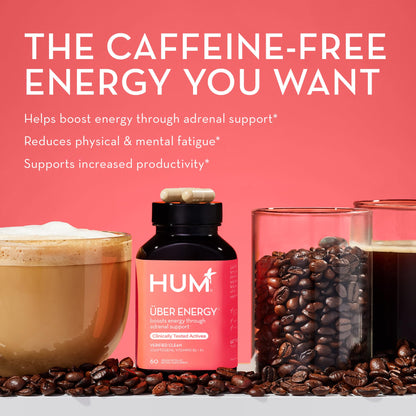 HUM Uber Energy Adrenal Support Supplement with Ashwagandha, Ginseng – 60 Vegan Capsules
