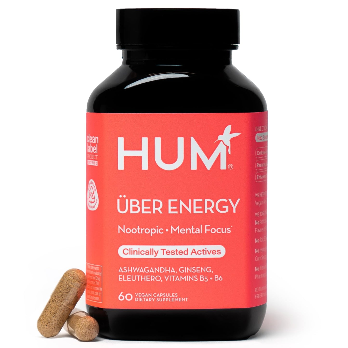 HUM Uber Energy Adrenal Support Supplement with Ashwagandha, Ginseng – 60 Vegan Capsules