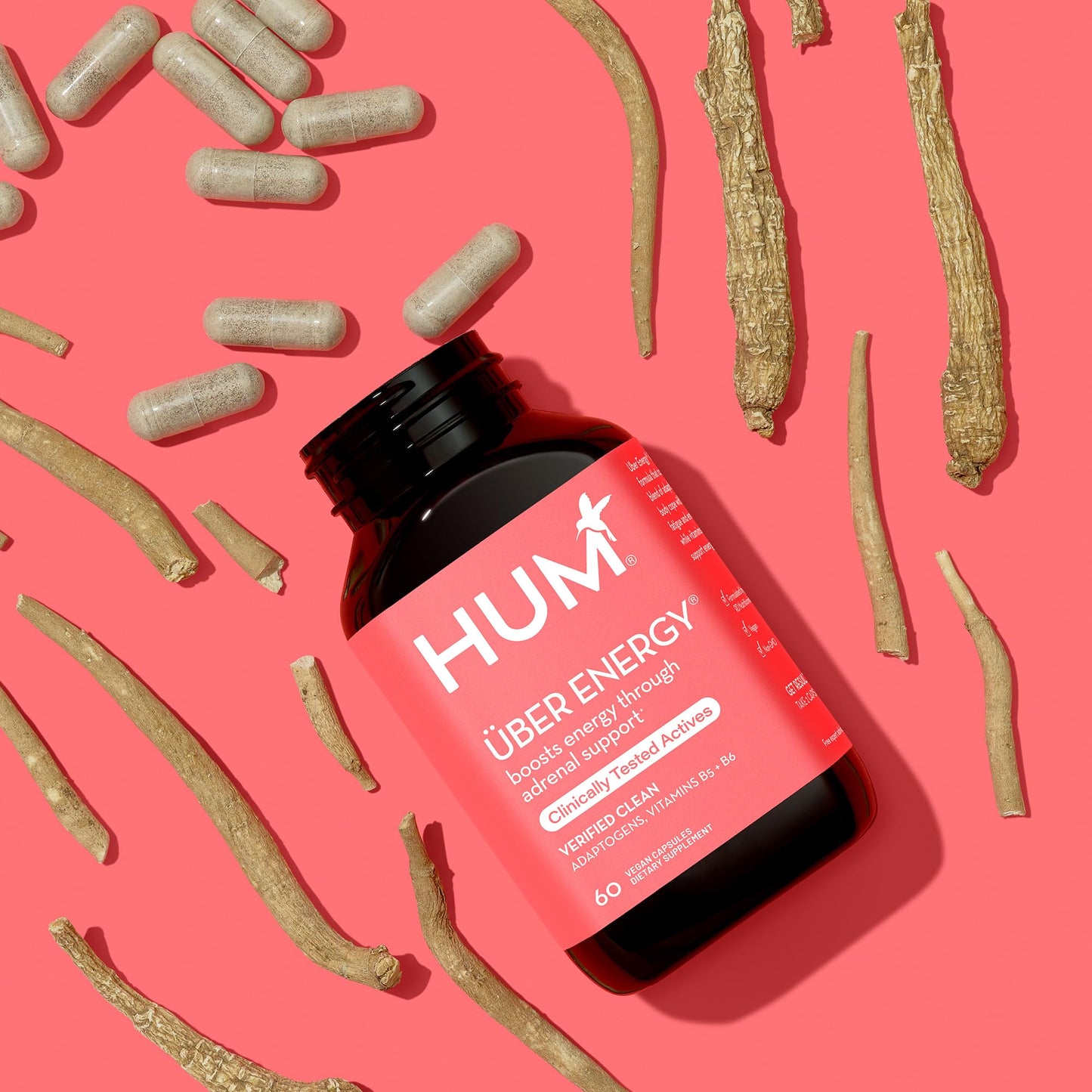HUM Uber Energy Adrenal Support Supplement with Ashwagandha, Ginseng – 60 Vegan Capsules