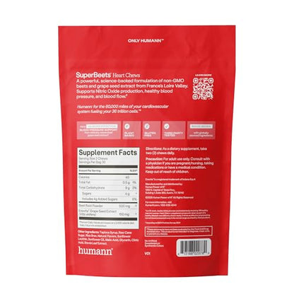Humann SuperBeets Heart Chews – Nitric Oxide & Blood Pressure Support, Pomegranate Berry Flavor, 60 Count