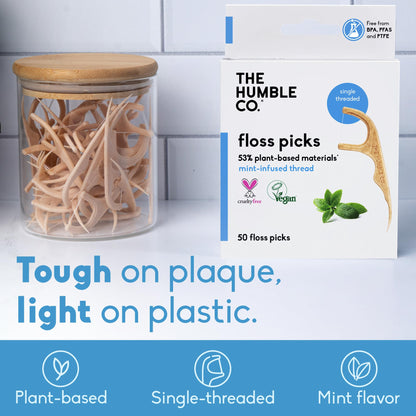 The Humble Co Mint Dental Floss Picks - 200 Count, Plant-Based & Dual-Ended