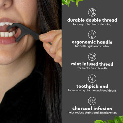 The Humble Co. Floss Picks 200 Count - Plant-Based, Charcoal, Double-Thread