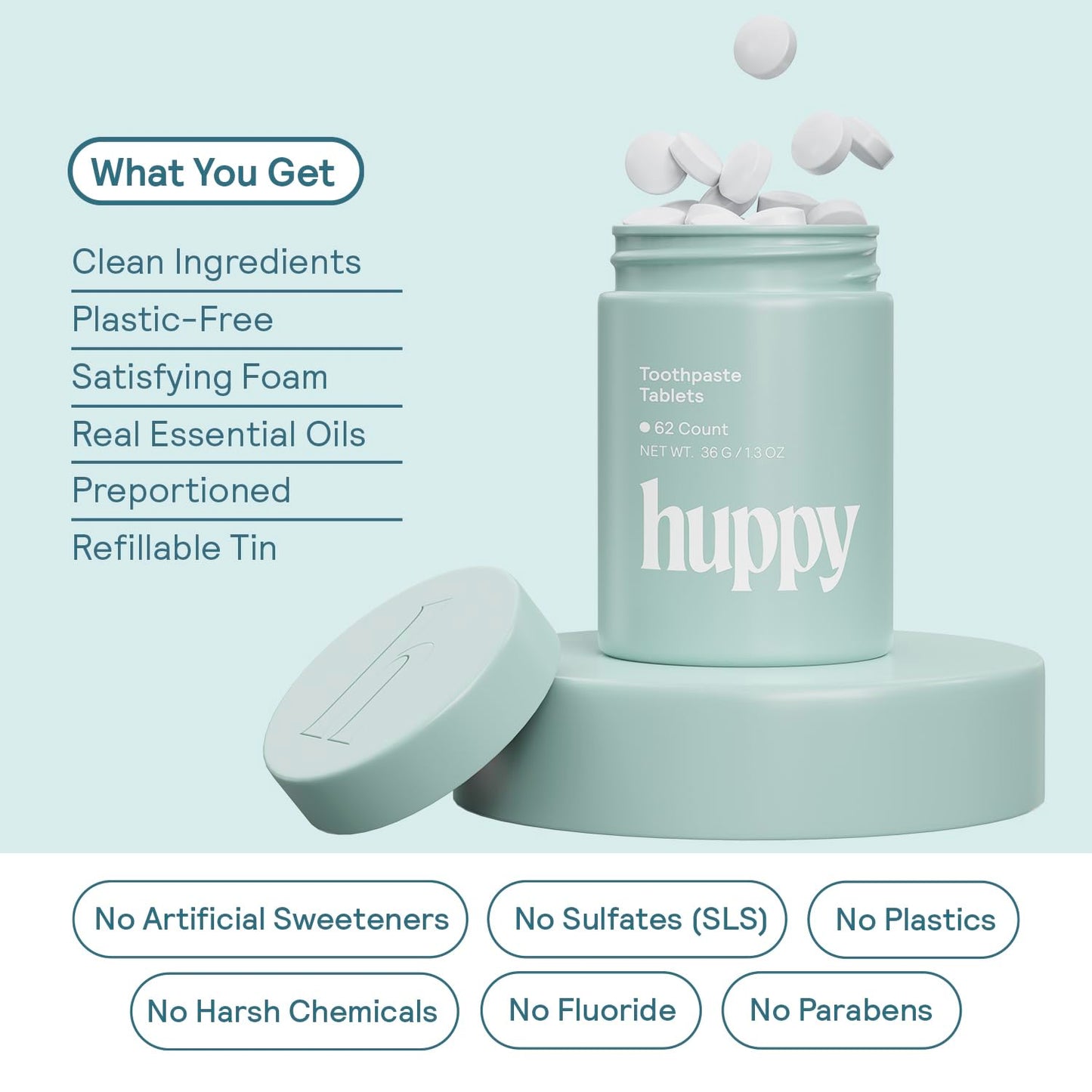 HUPPY Toothpaste Tablets – Nano Hydroxyapatite, Fluoride-Free Whitening (62 Count)