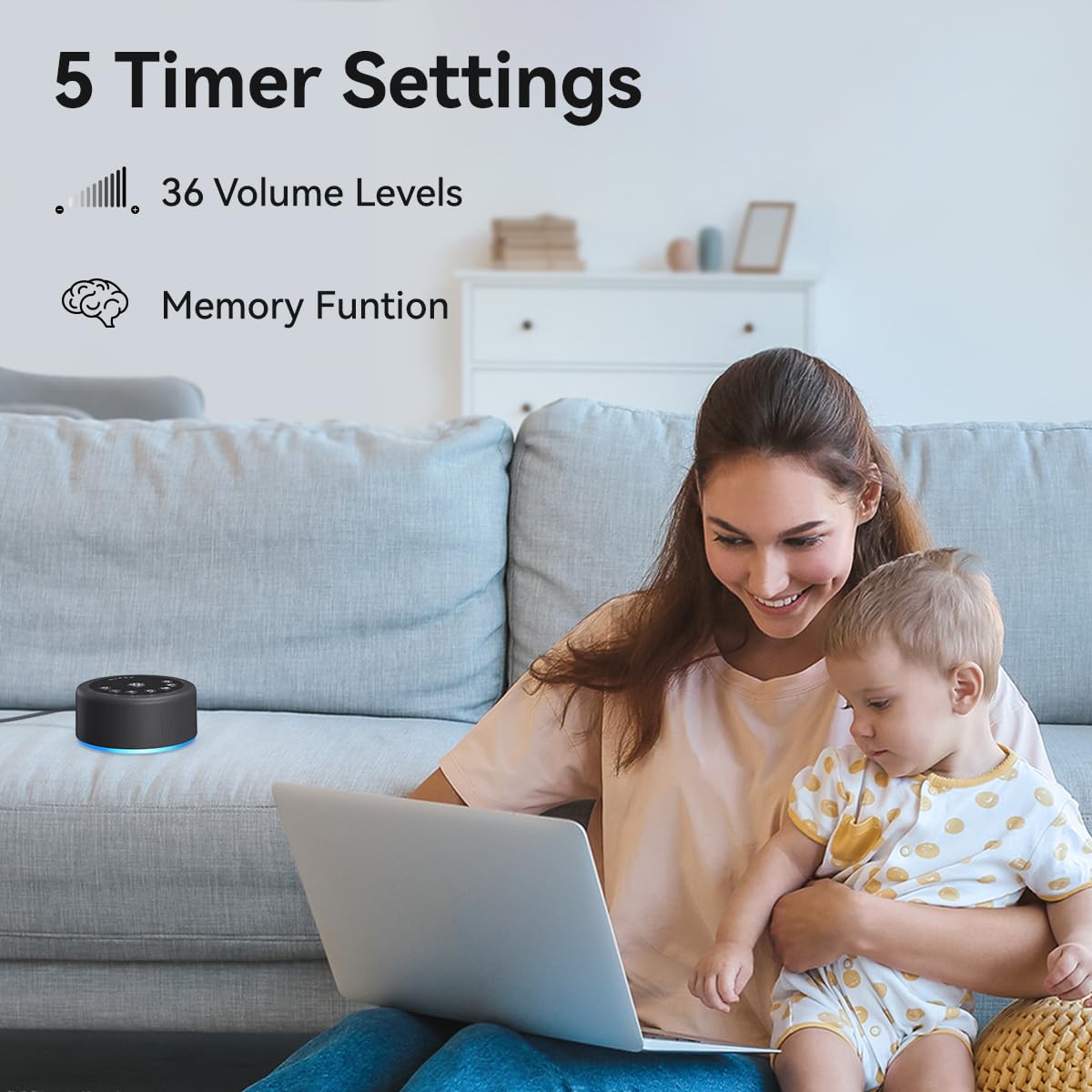 Hushing Sleep Sound Machine — 30 Non-Looping Sounds, 12 Night Lights, 36 Volume Levels, Memory & Timers